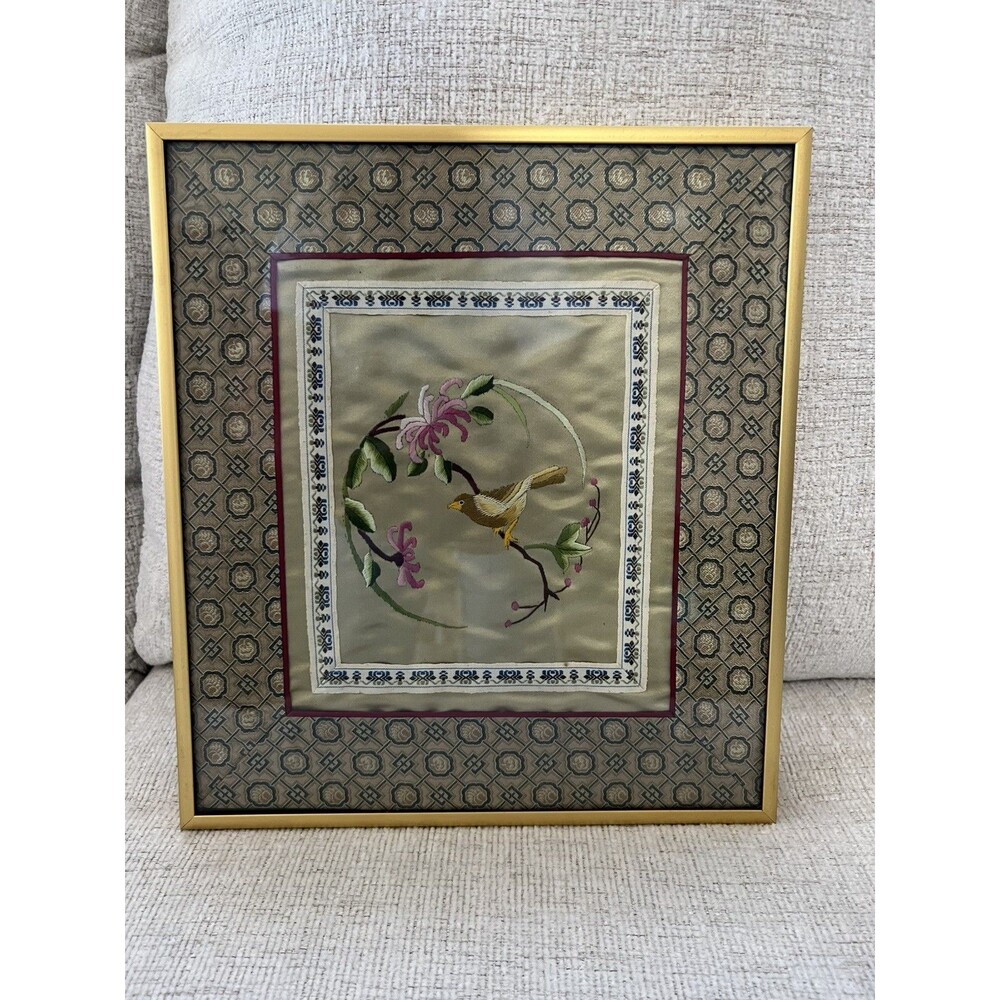 Antique Asian Oriental Chinese 100% Silk Embroidered Panel Bird Floral Framed